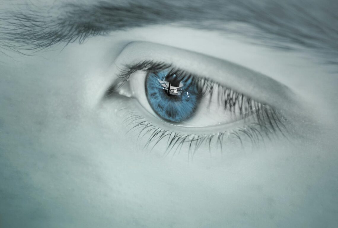 Detailed close-up of a blue eye showing a reflection, emphasizing uniqueness. szem